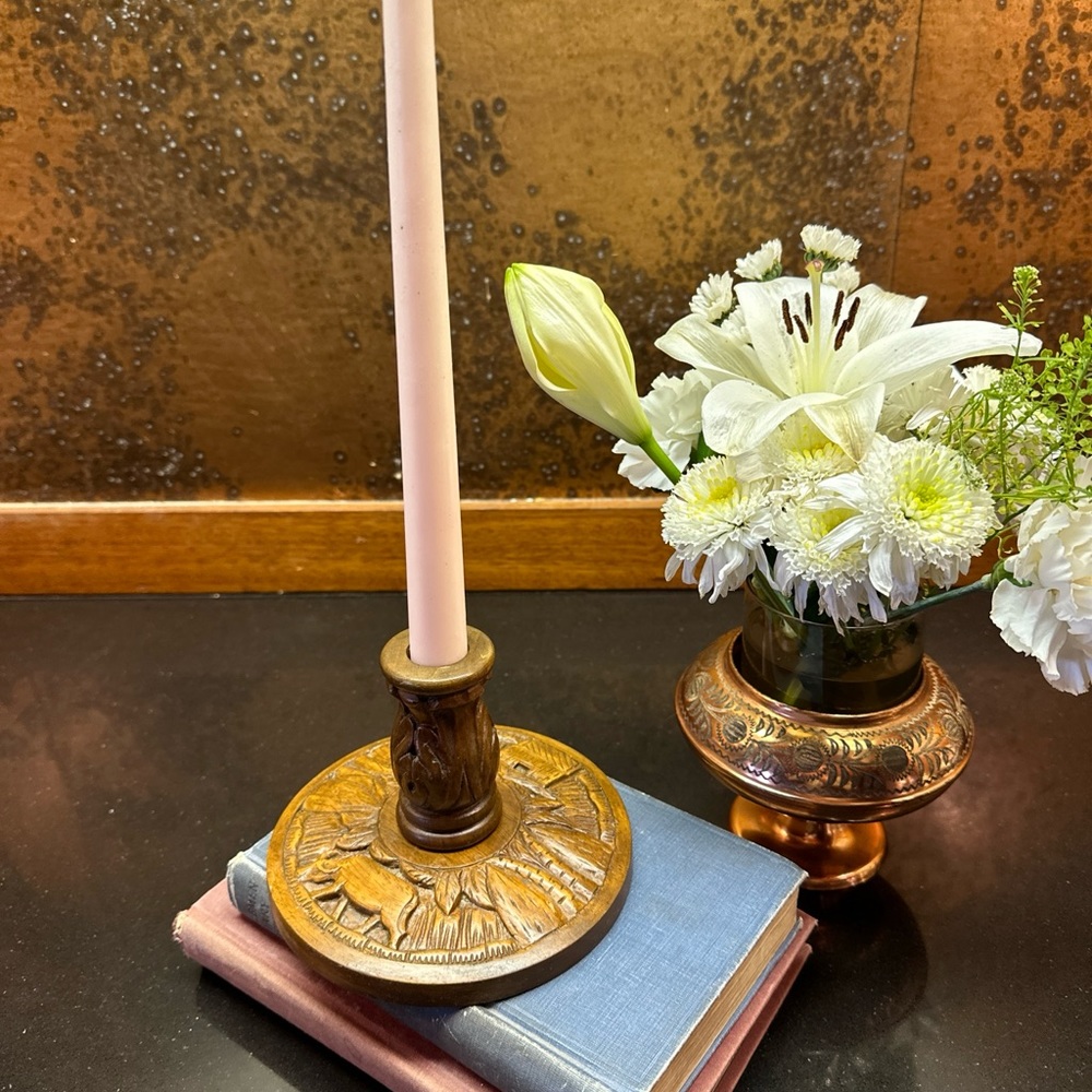 Vintage Hand Carved Wood Ox Hut Tiki Candle Taper Holder
